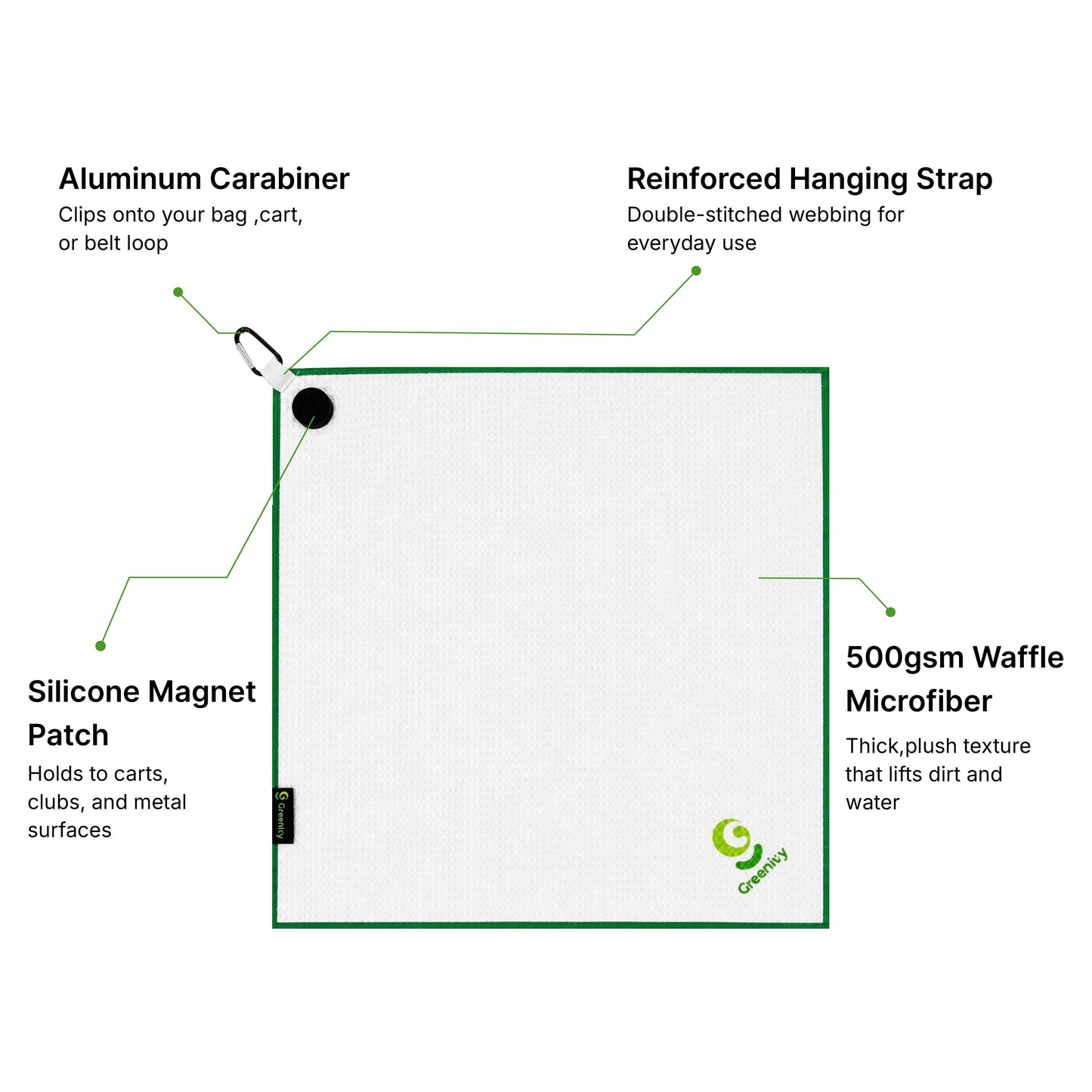 Greenivy Pure White 19-inch magnetic golf towel - magnetic patch detail