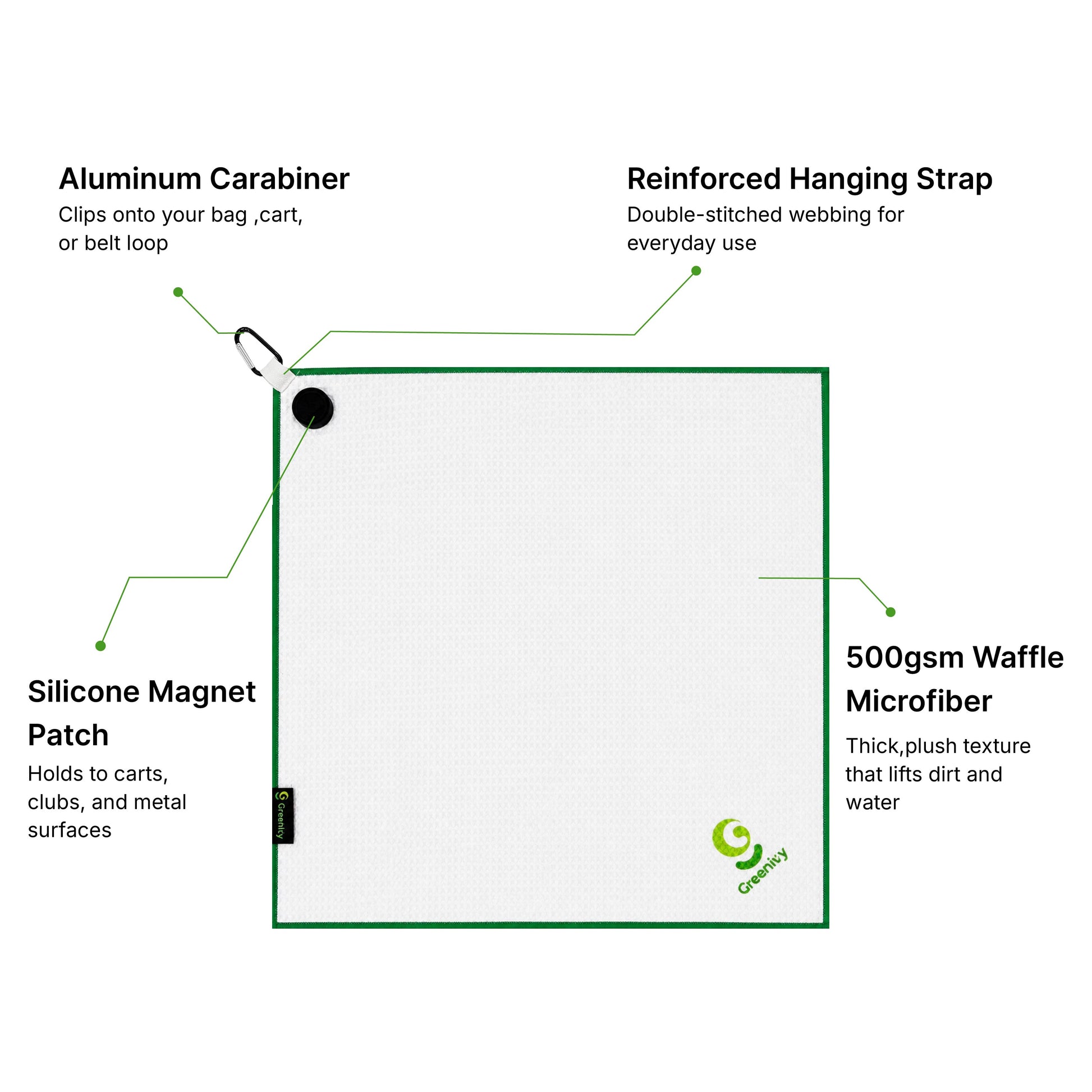 Greenivy Pure White 19-inch magnetic golf towel - magnetic patch detail