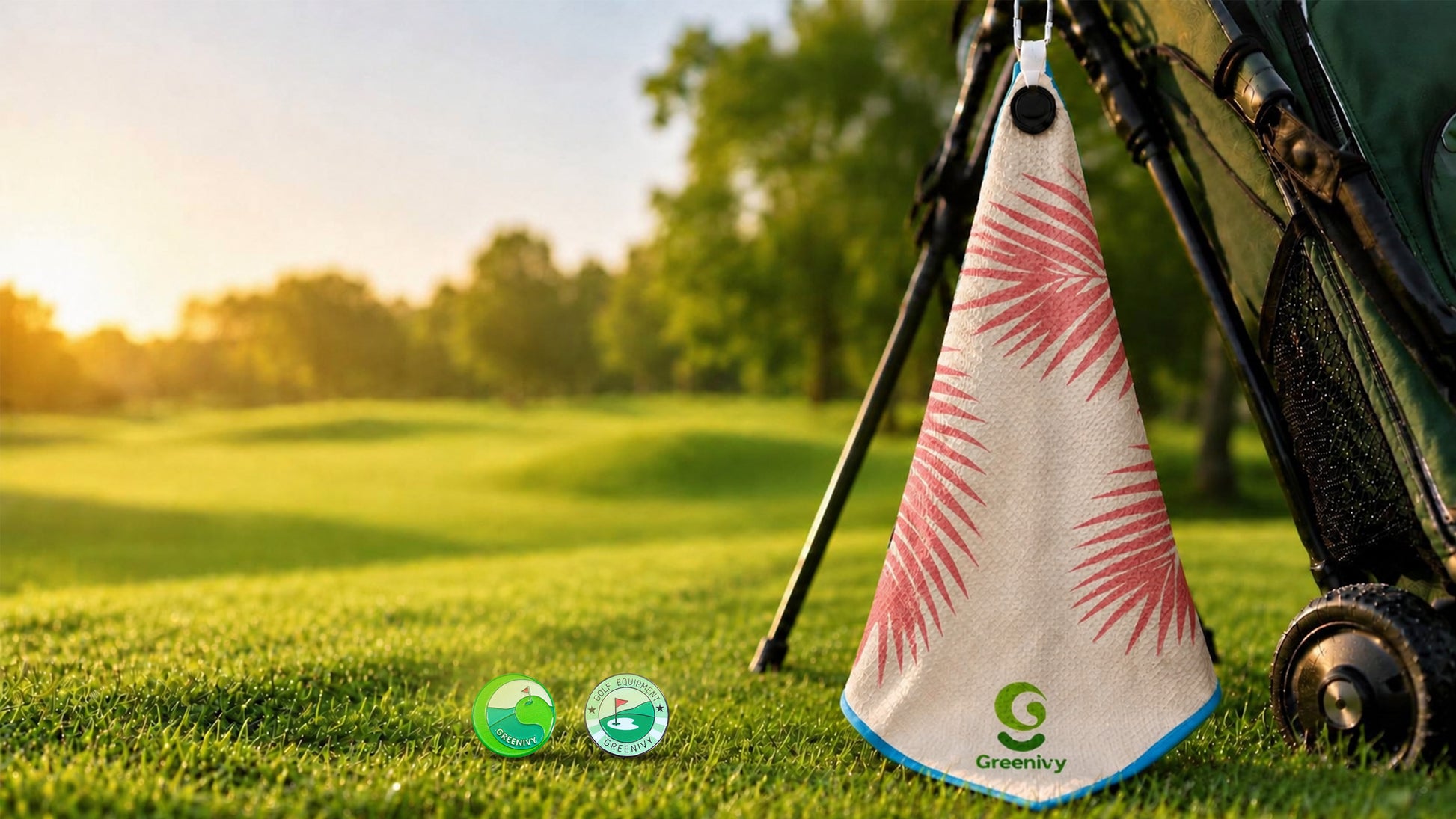 Greenivy Coral Palms 19-inch magnetic golf towel - lifestyle use view