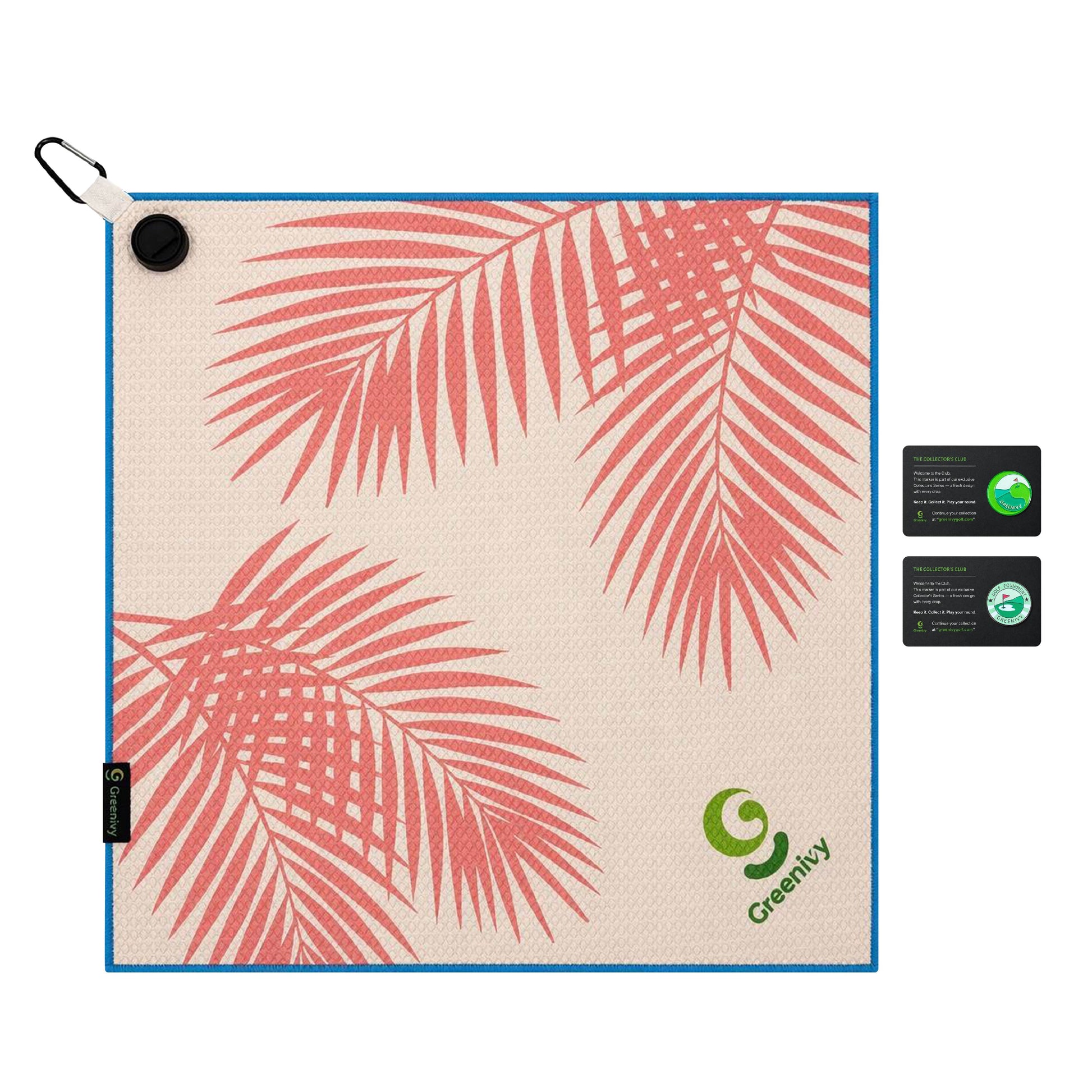 Greenivy Coral Palms 19-inch magnetic golf towel - gift flatlay