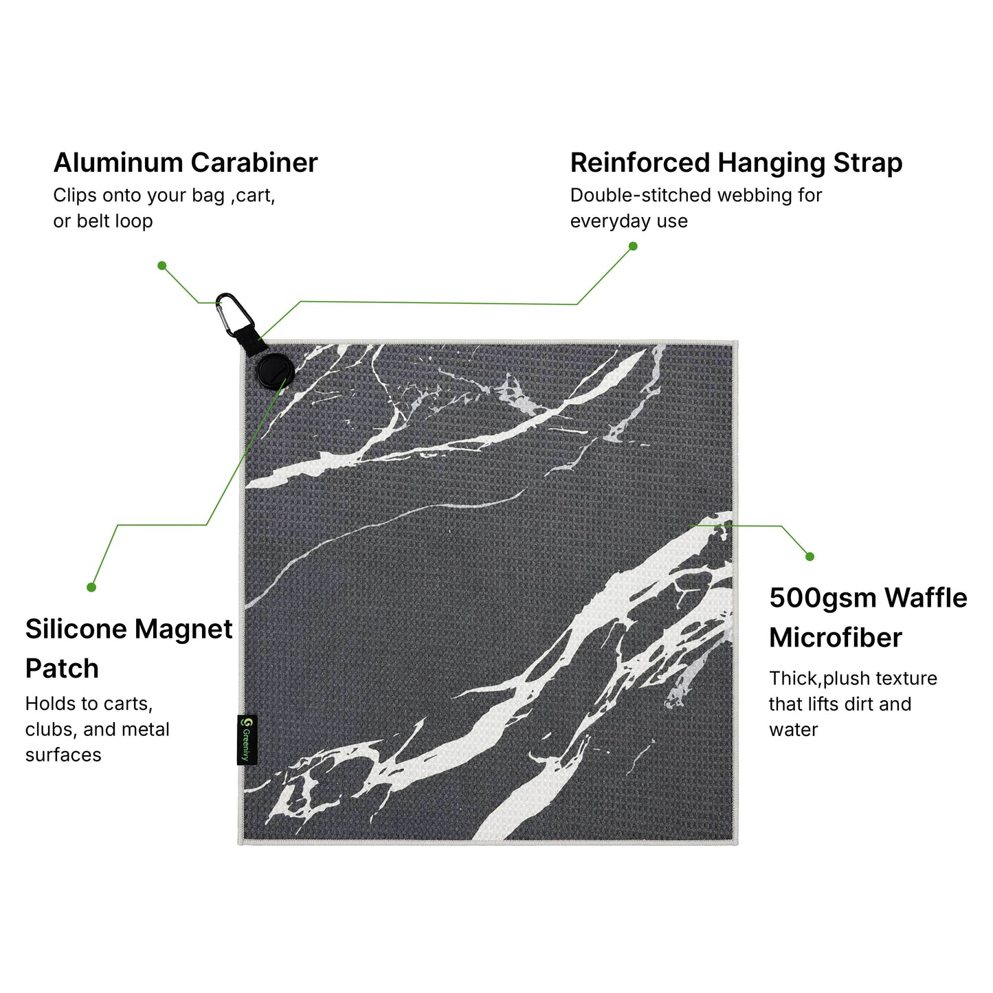 Greenivy Midnight Marble 19-inch magnetic golf towel - magnetic patch detail