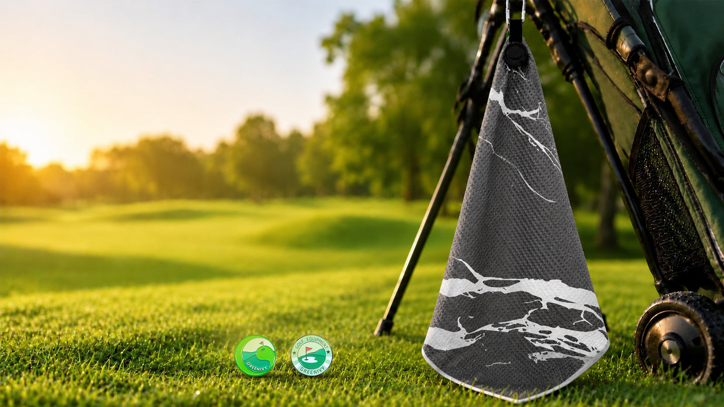 Greenivy Midnight Marble 19-inch magnetic golf towel - gift flatlay