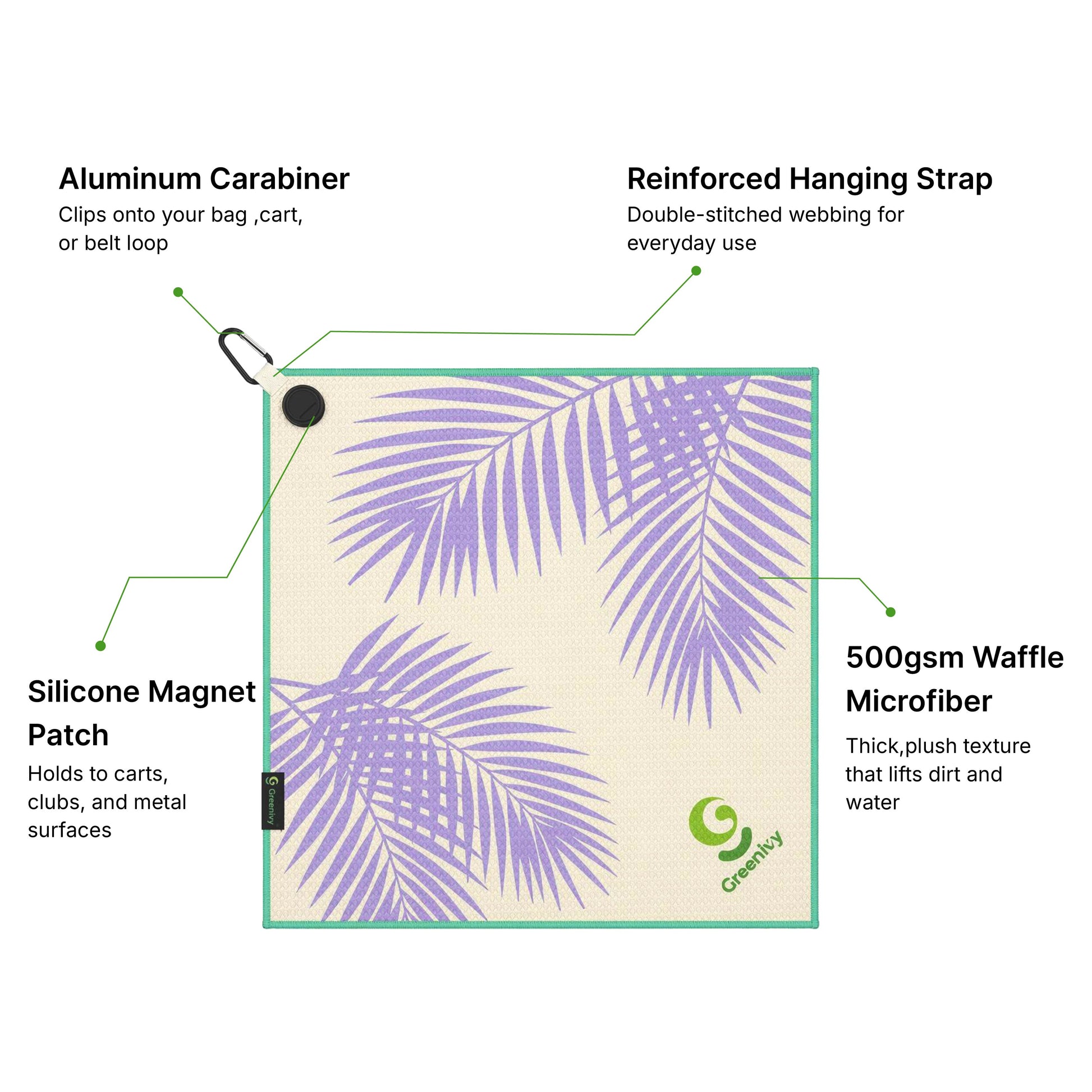 Greenivy Twilight Palms 19-inch magnetic golf towel - gift flatlay