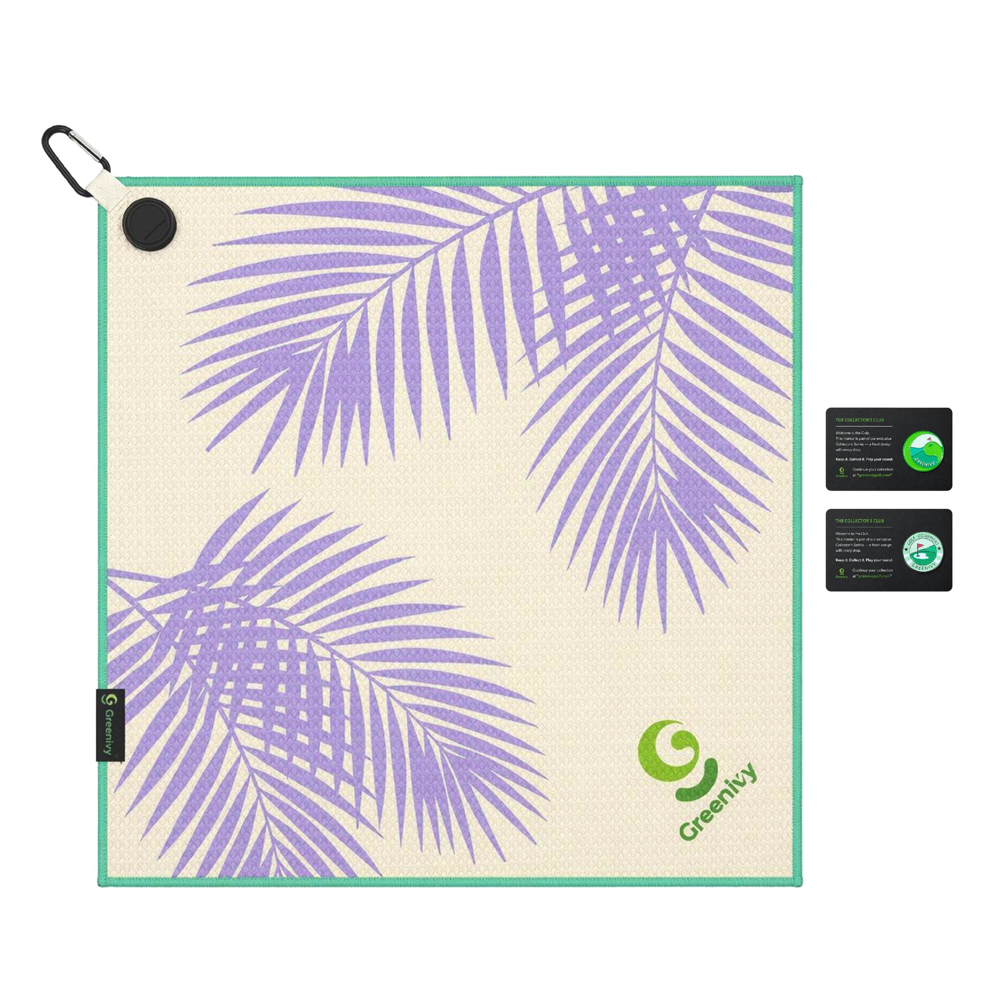 Greenivy Twilight Palms 19-inch magnetic golf towel - lifestyle use view
