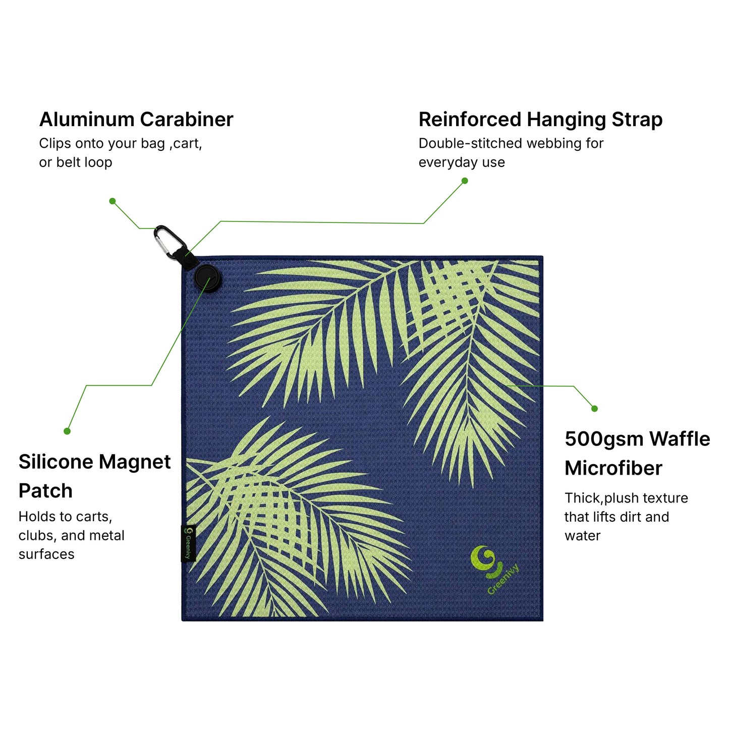 Greenivy Emerald Palms 19-inch magnetic golf towel - magnetic patch detail
