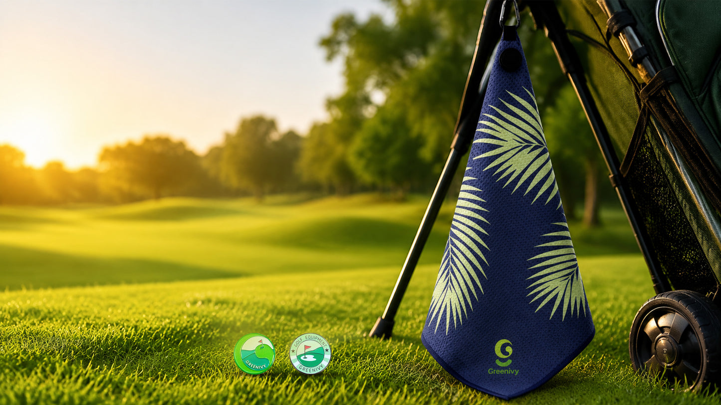 Greenivy Emerald Palms 19-inch magnetic golf towel - lifestyle use view