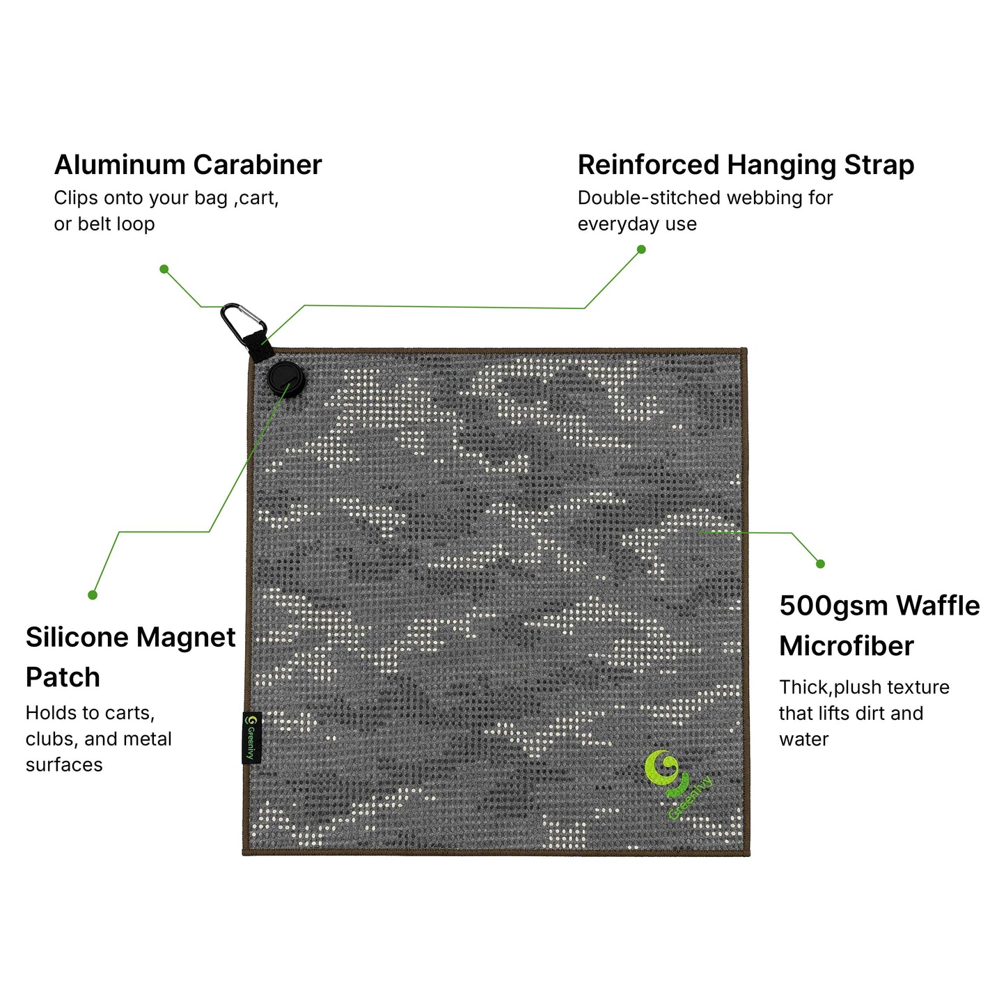 Greenivy Fairway Camo 19-inch magnetic golf towel - magnetic patch detail