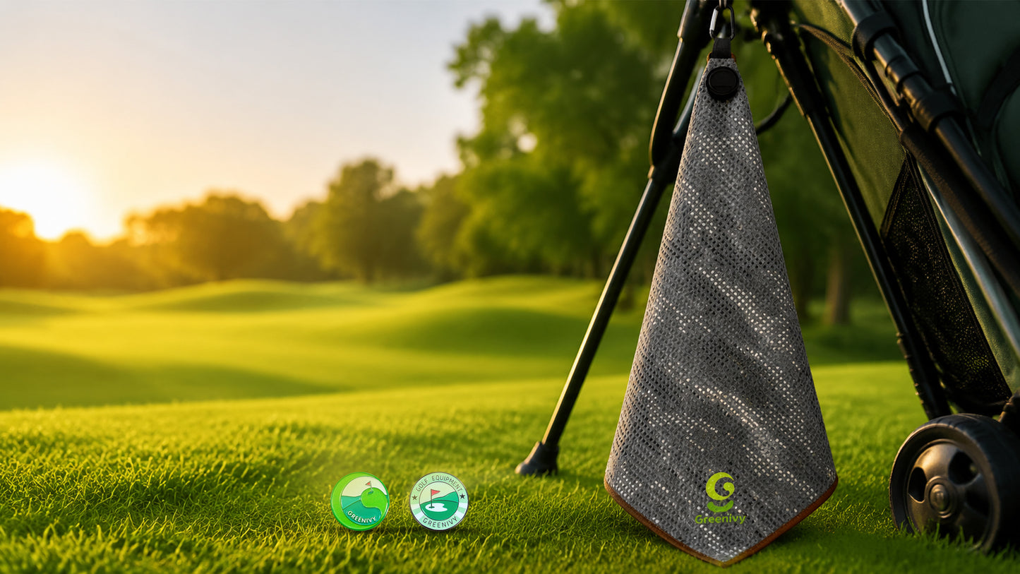 Greenivy Fairway Camo 19-inch magnetic golf towel - lifestyle use view
