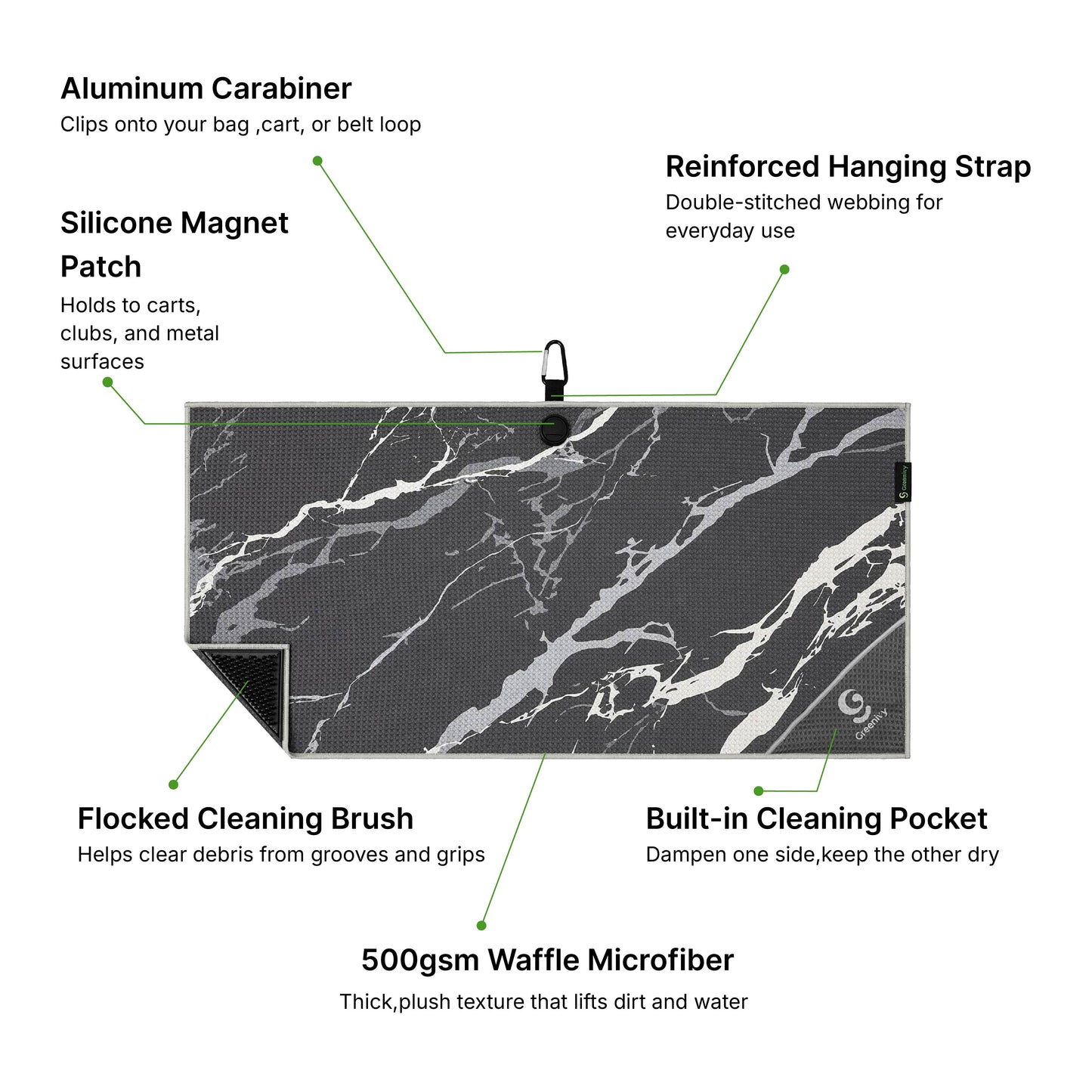 Greenivy Onyx Marble 40-inch caddie magnetic golf towel - magnetic patch detail