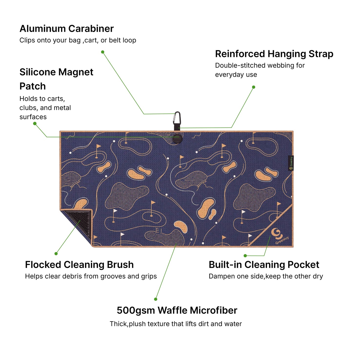 Greenivy Signature Course 40-inch caddie magnetic golf towel - magnetic patch detail